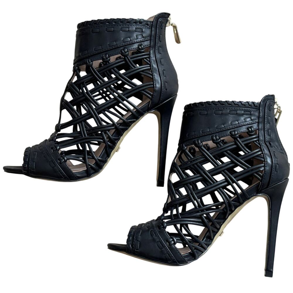 NWOB Bebe Rylea Open Toe Ultra High Black Heels Women's SZ 6 - Picture 4 of 9